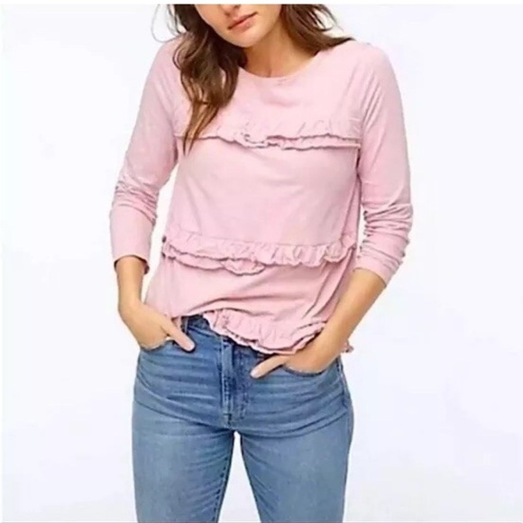 J. Crew Tops - J.Crew Pink Ruffle Long Sleeve Women’s Small Soft Cotton Feminine Casual Blouse